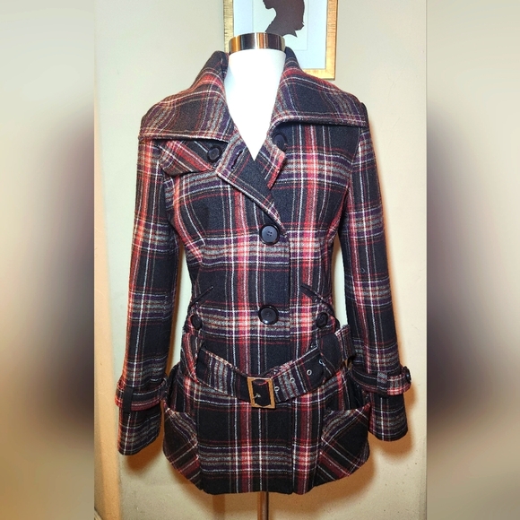 Moda Intl‎ Black Plaid Women's Belted Pea Coat Size: Medium - Picture 1 of 5